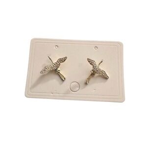 NWT Gold Tone Flying Crane Bird Stud Earrings Rhinestone Crystal Accents